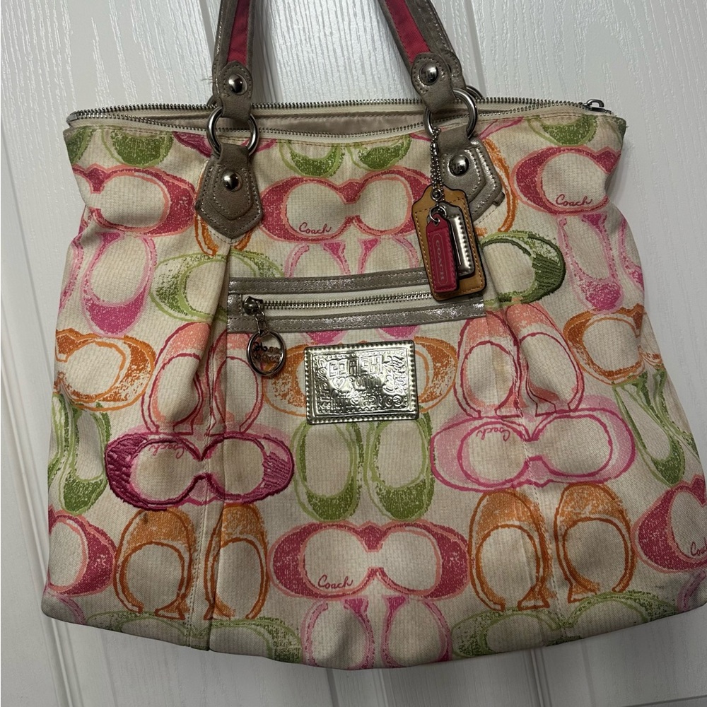 Coach Multicolor Signature Tote with Pink, Green & Orange Accents